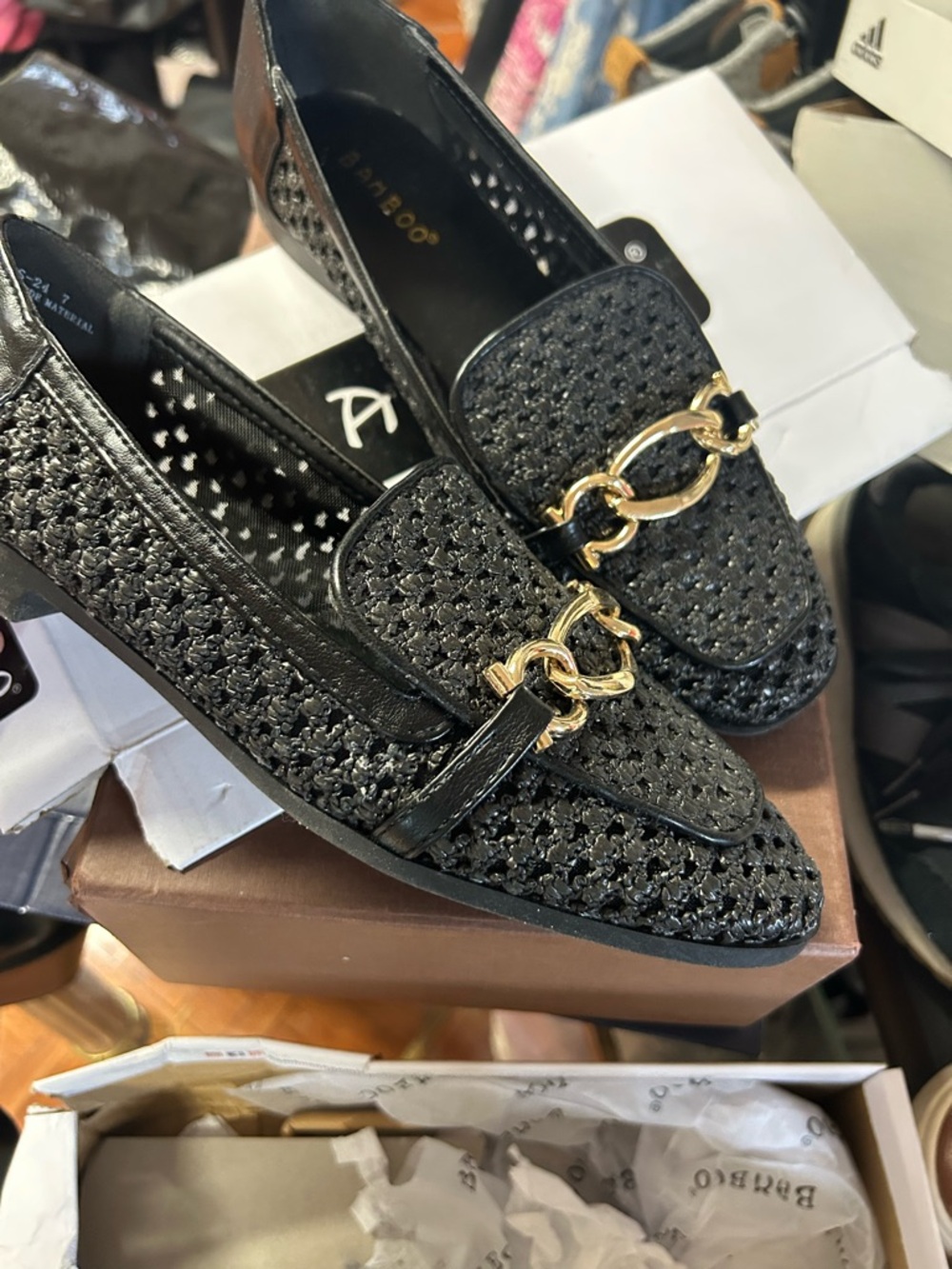 BAMBOO Black Woven Loafers with Gold Chain Detail